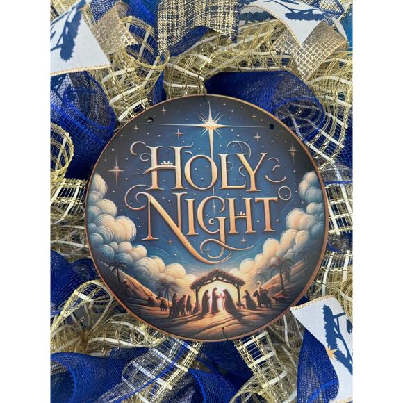 Holy Night Nativity Wreath Christmas Door Decor | Blue and Gold Holiday Wreath - Picture 2 of 9